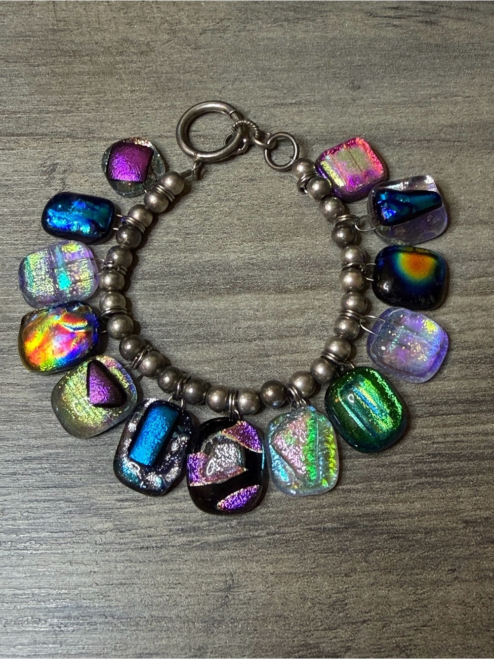 925 Sterling Silver Dichroic Glass Charm Pendant bracelet  #K71  7” to 7.5”